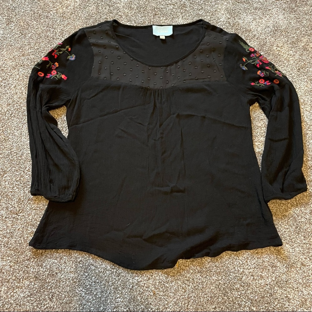 Skies Are Blue Black Crepe Embroidered 3/4 Sleeve Blouse Medium